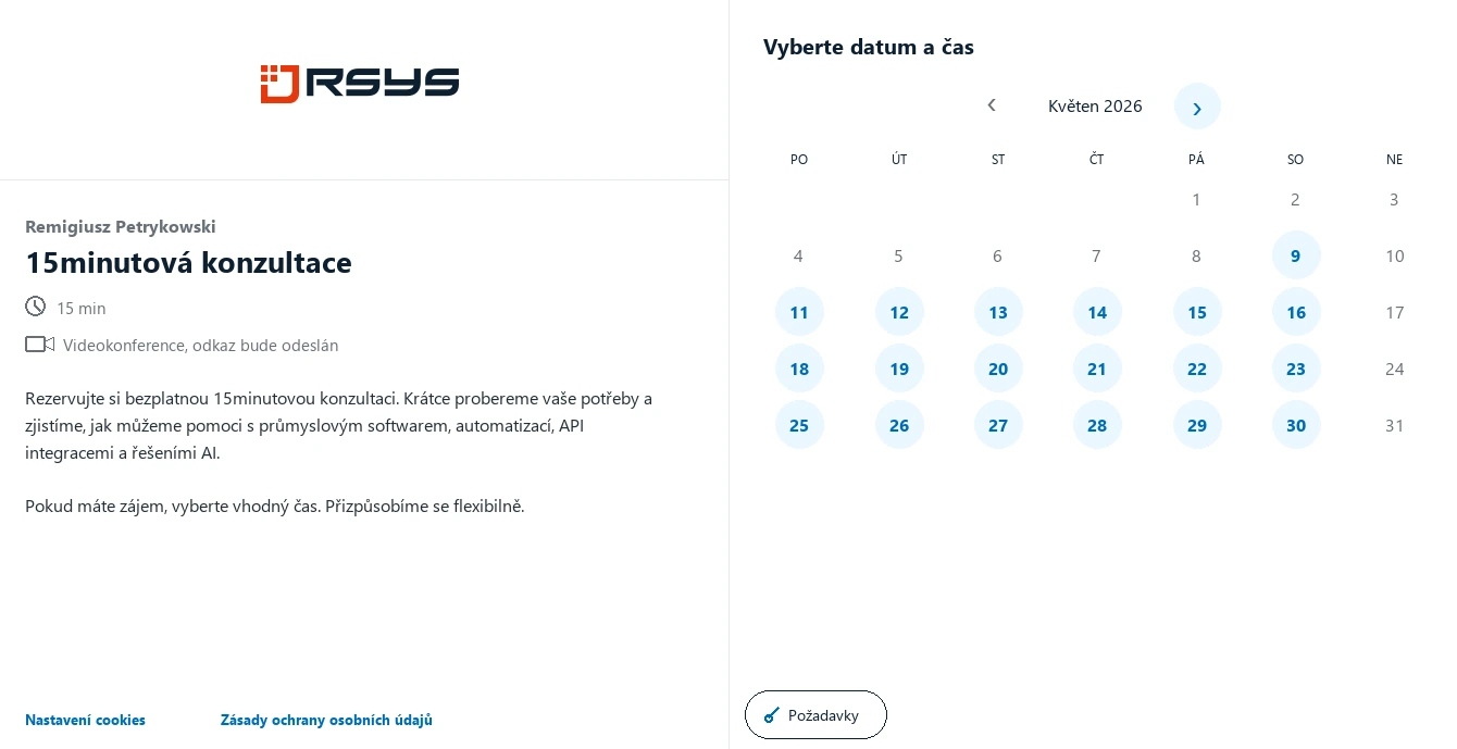 Rezervovat schůzku RSYS - Kontakt - RSYS vytváří zakázkové průmyslové aplikace: automatizaci procesů, analýzu výroby, API integrace a řešení AI.