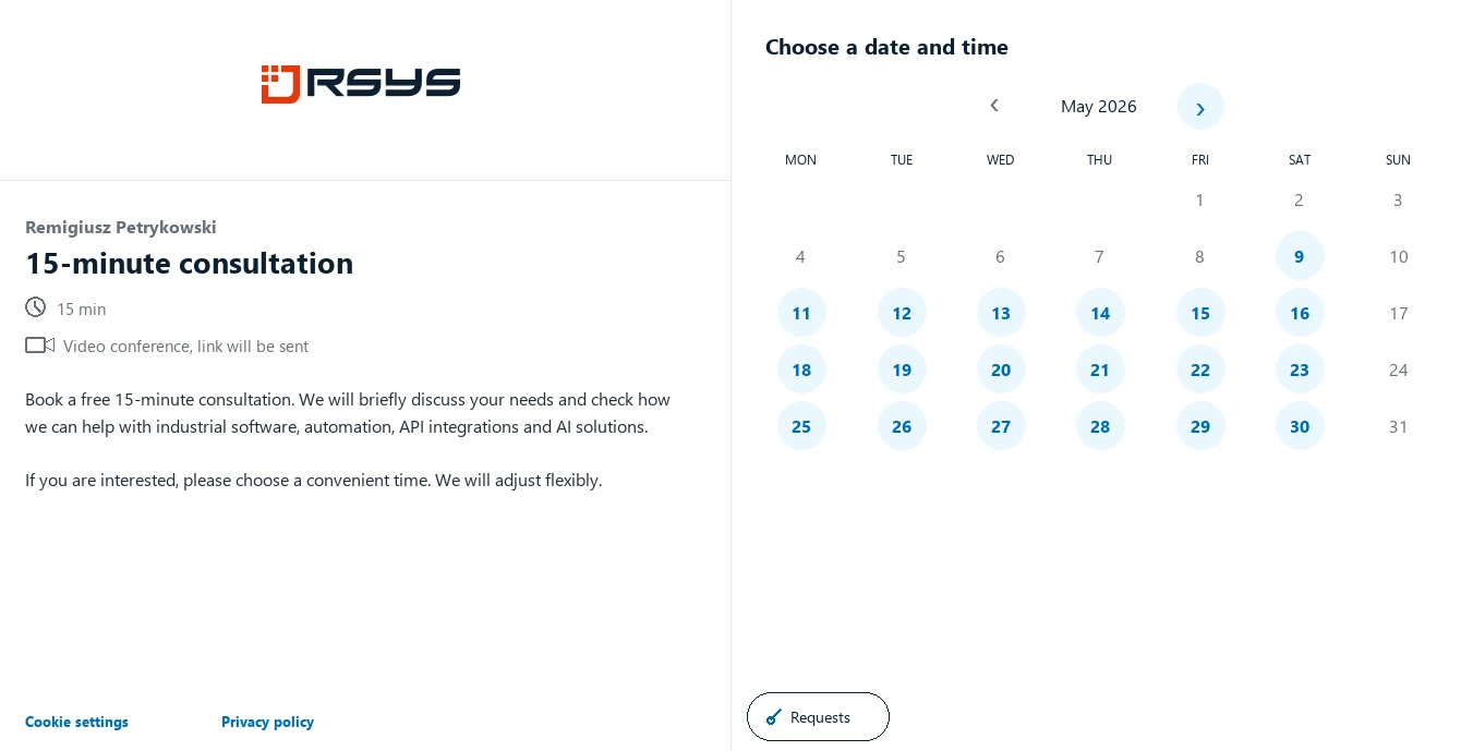 Book a meeting RSYS - Contact - RSYS creates custom industrial applications: process automation, production analytics, API integrations and AI solutions.