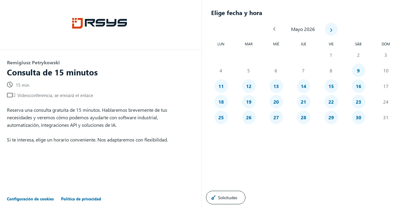 Reservar una reunión RSYS - Contacto - RSYS crea aplicaciones industriales a medida: automatización de procesos, análisis de producción, integraciones API y soluciones de IA.