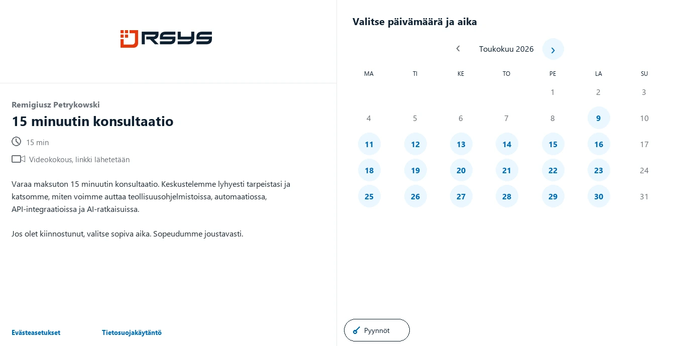 Varaa tapaaminen RSYS - Yhteys - RSYS rakentaa räätälöityjä teollisuussovelluksia: prosessiautomaatiota, tuotantoanalytiikkaa, API-integraatioita ja AI-ratkaisuja.