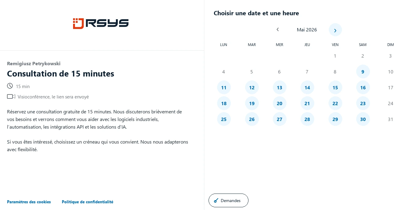 Planifier un rendez-vous RSYS - Contact - RSYS crée des applications industrielles sur mesure : automatisation des processus, analyse de production, intégrations API et solutions d’IA.