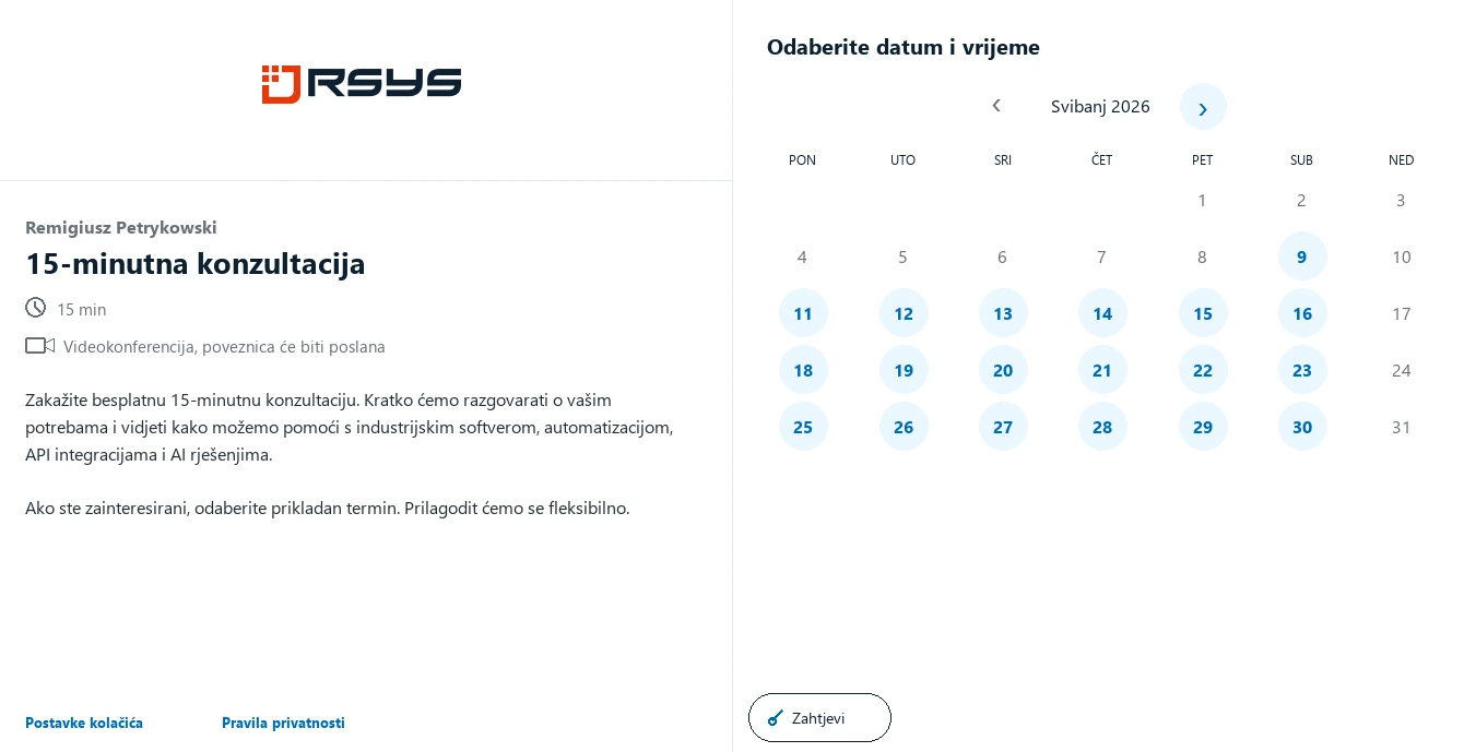 Zakaži sastanak RSYS - Kontakt - RSYS gradi prilagođene industrijske aplikacije: automatizaciju procesa, analitiku proizvodnje, API integracije i AI rješenja.