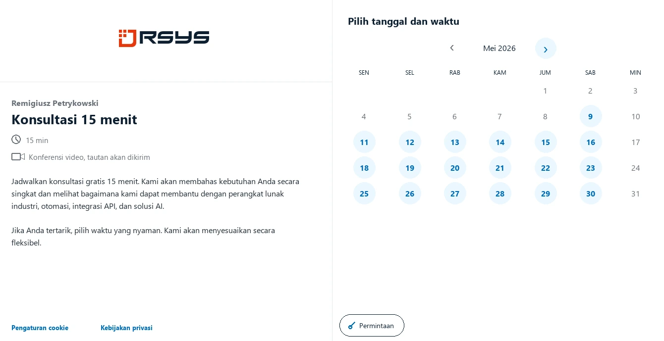 Jadwalkan pertemuan RSYS - Kontak - RSYS membangun aplikasi industri khusus: otomasi proses, analisis produksi, integrasi API, dan solusi AI.