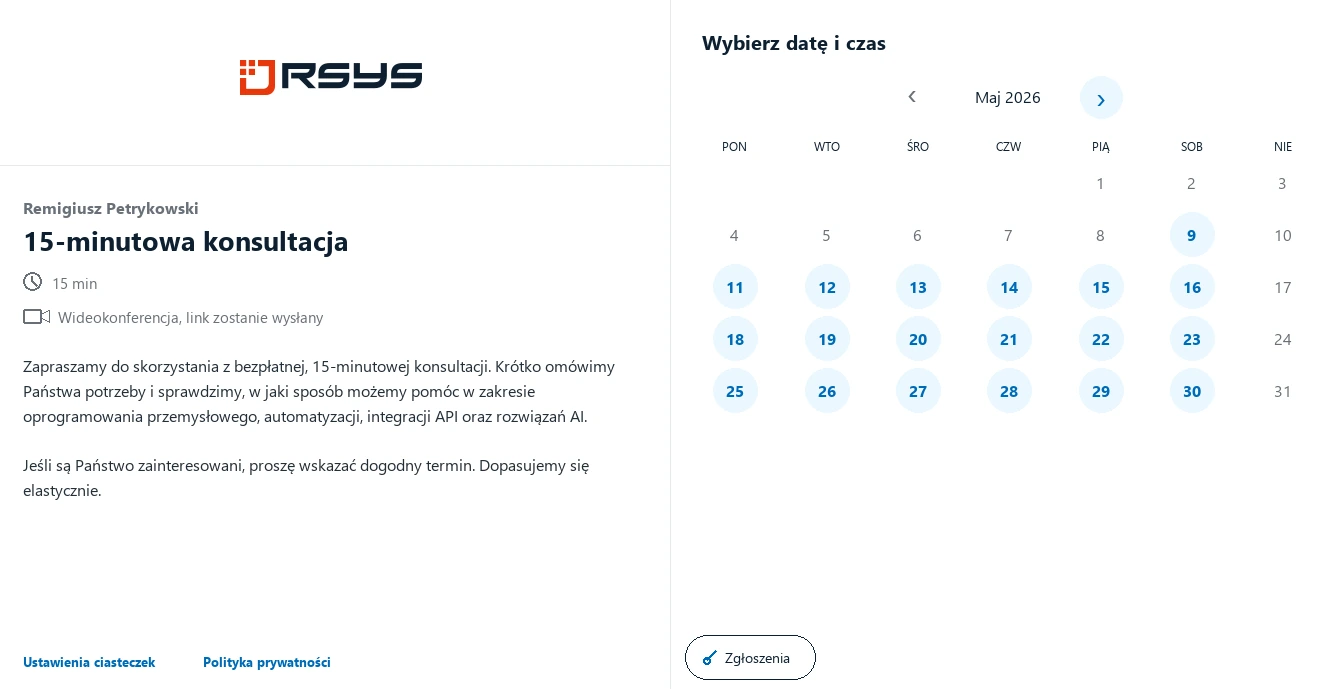 Umów spotkanie RSYS - Kontakt - RSYS tworzy dedykowane aplikacje dla przemysłu: automatyzacja procesów, analiza produkcji, integracje API i rozwiązania AI.
