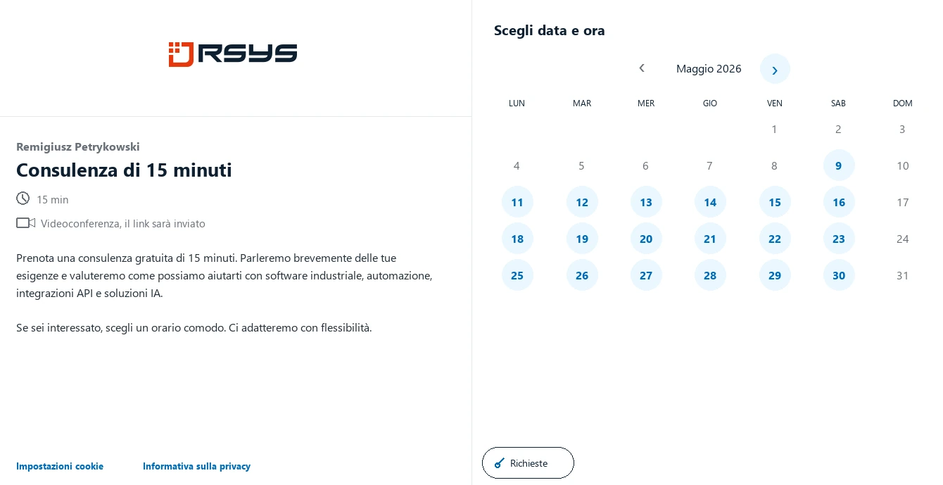 Prenota un incontro RSYS - Contatto - RSYS crea applicazioni industriali su misura: automazione dei processi, analisi della produzione, integrazioni API e soluzioni IA.