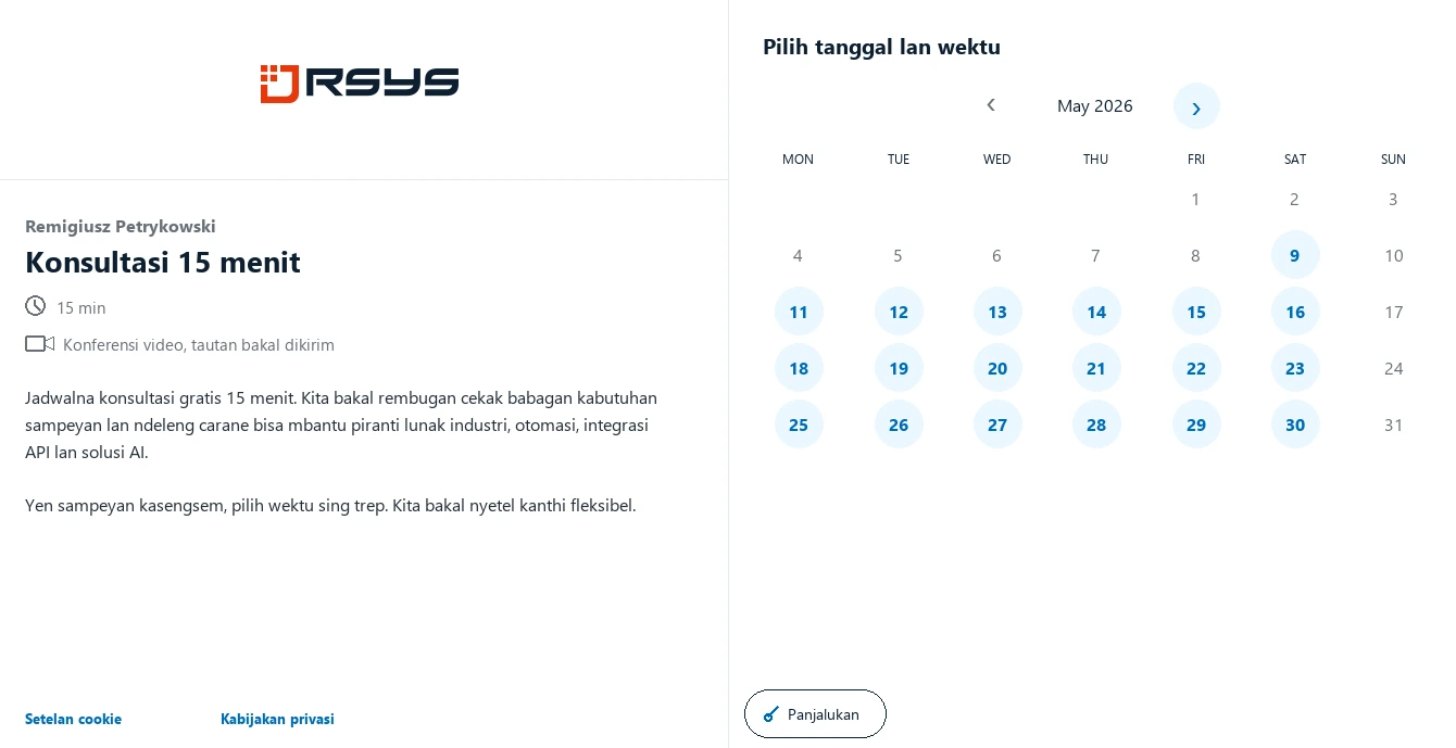 Jadwal patemon RSYS - Kontak - RSYS nggawe aplikasi industri khusus: otomasi proses, analisis produksi, integrasi API lan solusi AI.