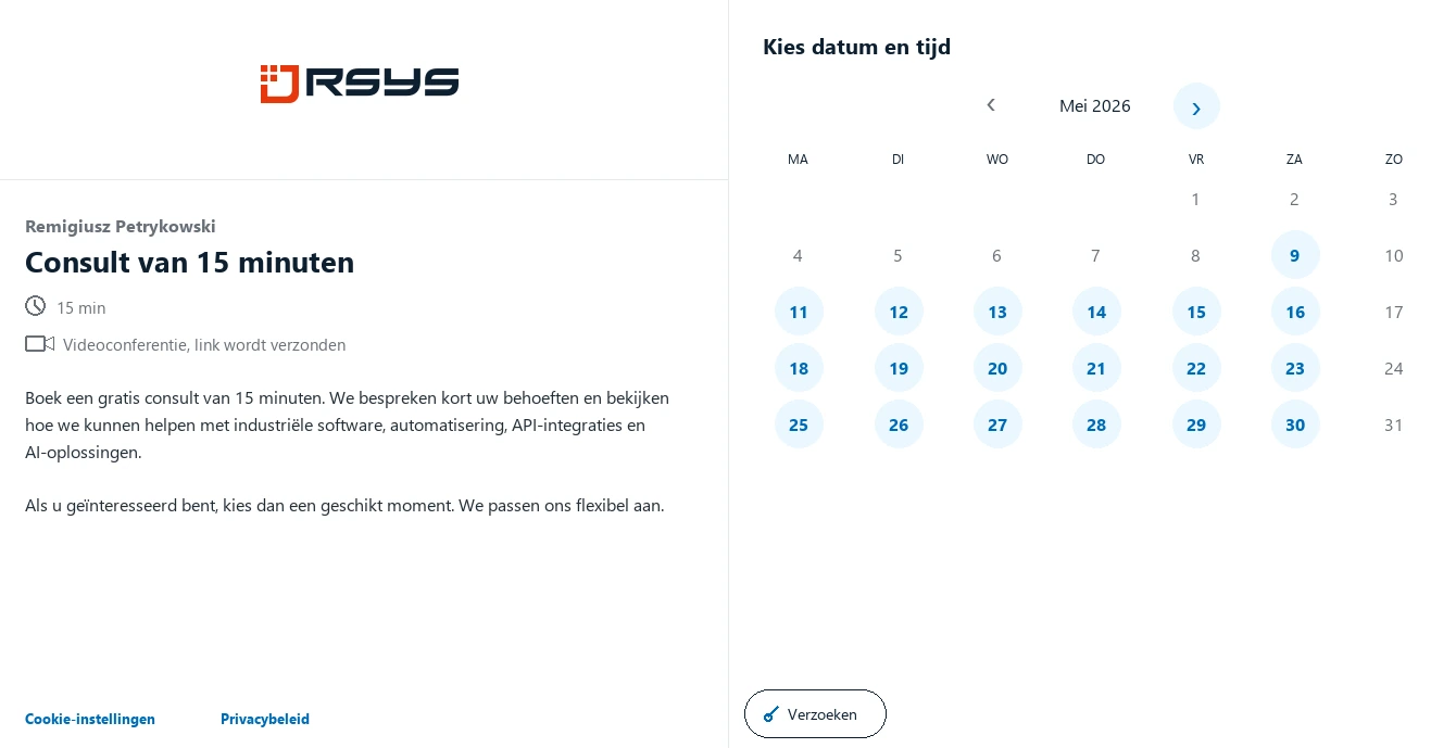 Afspraak plannen RSYS - Contact - RSYS bouwt maatwerkapplicaties voor de industrie: procesautomatisering, productieanalyse, API-integraties en AI-oplossingen.