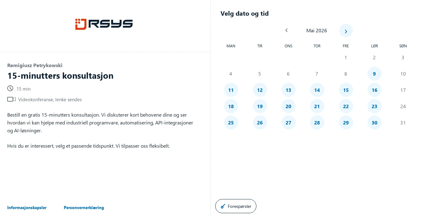 Bestill møte RSYS - Kontakt - RSYS bygger tilpassede industriapplikasjoner: prosessautomatisering, produksjonsanalyse, API-integrasjoner og AI-løsninger.