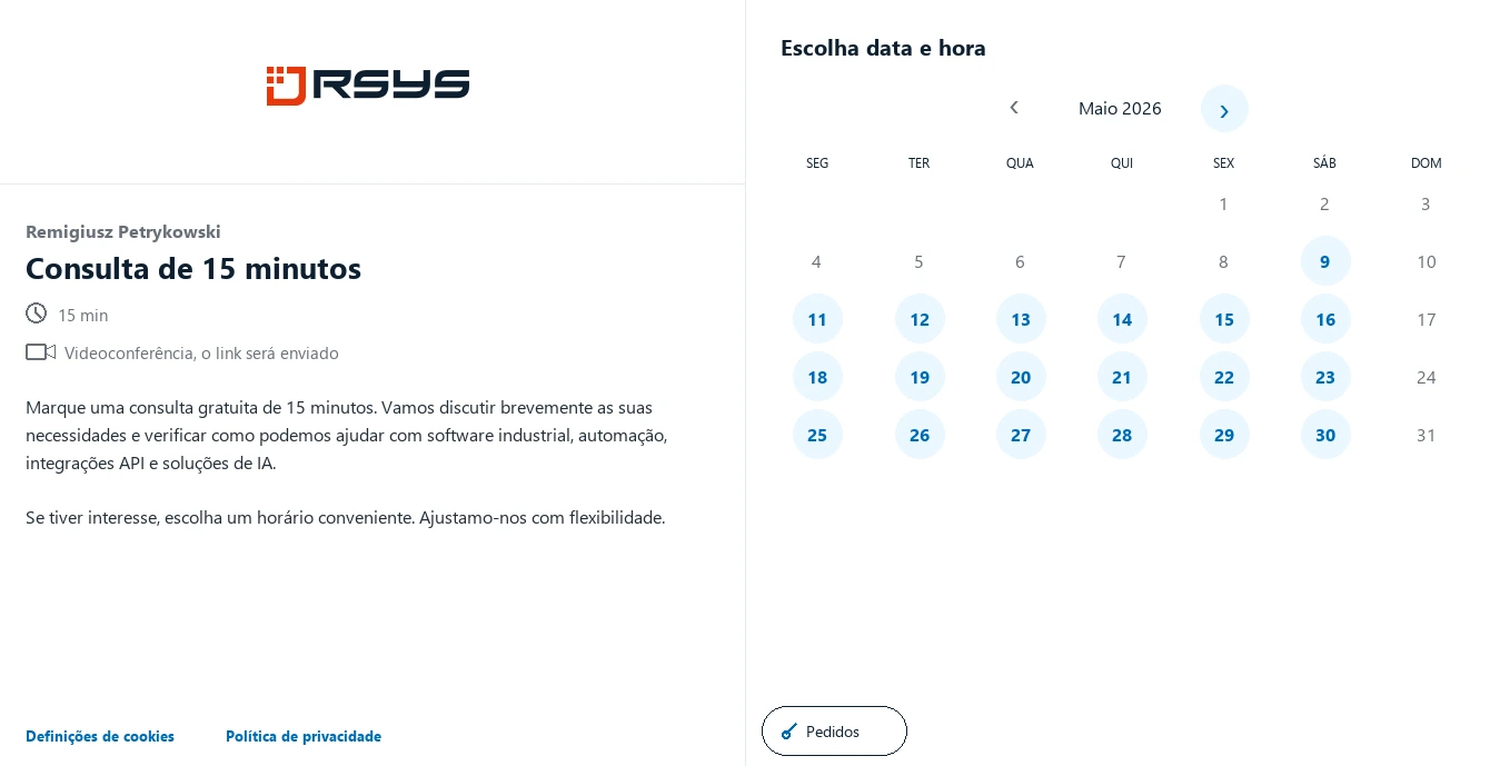Agendar reunião RSYS - Contato - A RSYS cria aplicações industriais personalizadas: automação de processos, análise de produção, integrações API e soluções de IA.