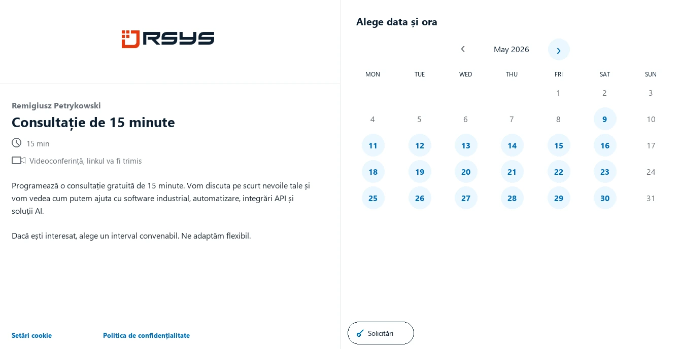 Programează o întâlnire RSYS - Contact - RSYS construiește aplicații industriale personalizate: automatizarea proceselor, analiza producției, integrări API și soluții AI.