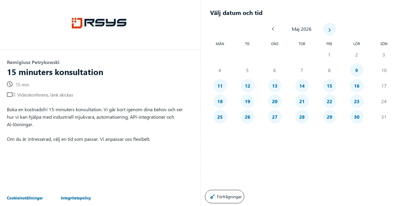 Boka möte RSYS - Kontakt - RSYS bygger anpassade industriapplikationer: processautomatisering, produktionsanalys, API-integrationer och AI-lösningar.