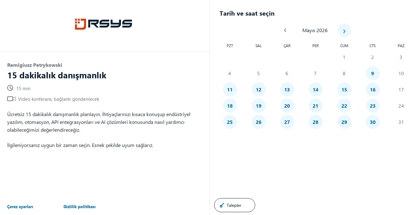 Toplantı planla RSYS - İletişim - RSYS endüstri için özel uygulamalar geliştirir: süreç otomasyonu, üretim analitiği, API entegrasyonları ve AI çözümleri.